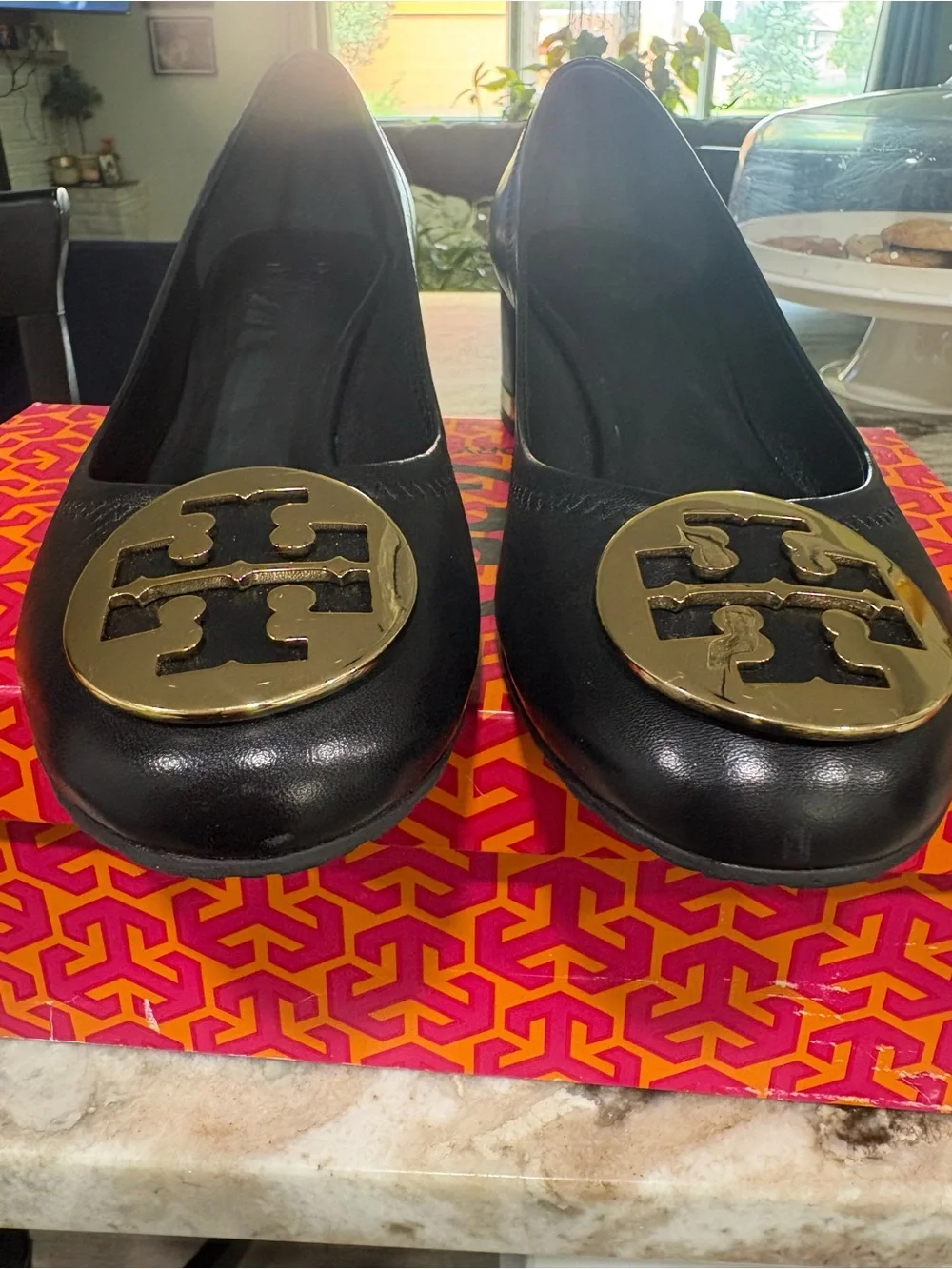Tory Burch Black Leather Block Heel Pumps with Gold Logo Medallion